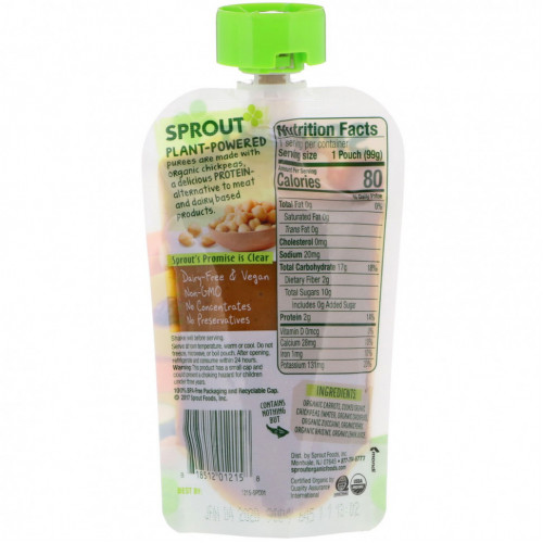 Sprout Organic, Детское питание, этап 2, морковь, нут, цуккини и груша, 99 г