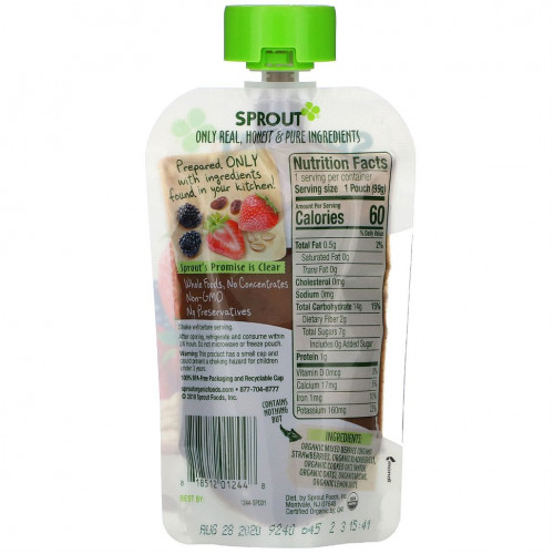 Sprout Organic, Детское питание, от 6 месяцев и старше, ягодная овсянка, 3,5 унции (99 г)