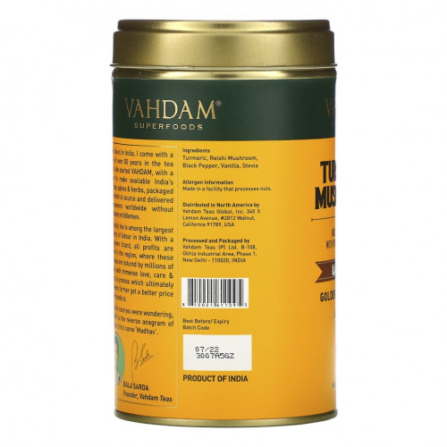 Vahdam Teas, смесь для латте, куркума и грибы, 100 г (3,53 унции)