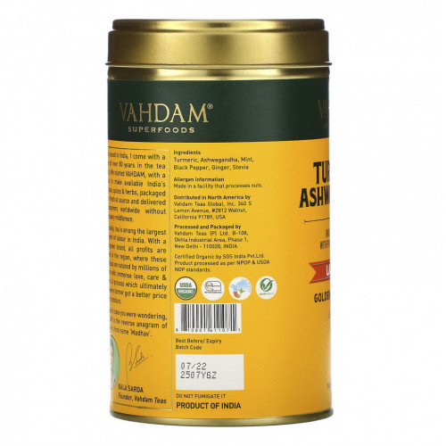 Vahdam Teas, смесь для приготовления латте, куркума и ашвагандха, 100 г (3,53 унции)