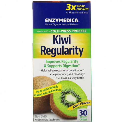 Enzymedica, Kiwi Regularity, вкус киви, 30 жевательных таблеток для облегчения состояния