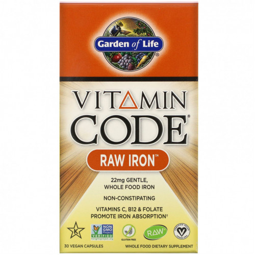 Garden of Life, Vitamin Code, RAW Iron, 30 веганских капсул