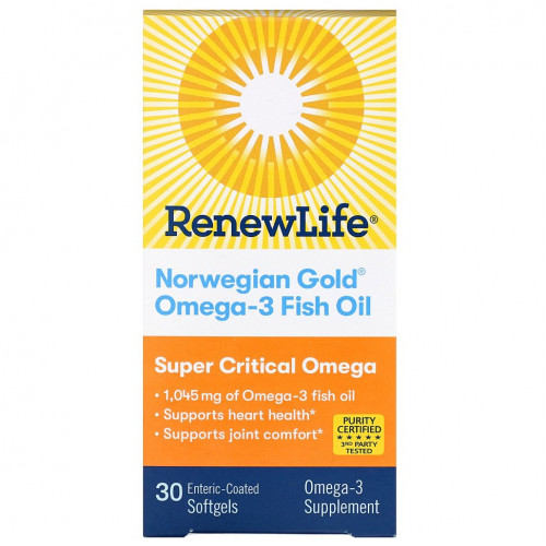 Renew Life, Рыбий жир с омега-3 Norwegian Gold, 1045 мг, 30 мягких таблеток с кишечнорастворимой оболочкой