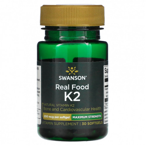 Swanson, Maximum Strength, Real Food K2, 200 мкг, 30 мягких таблеток