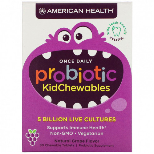 American Health, Жевательные таблетки Probiotic Kid, жевательные таблетки, натуральный виноградный вкус, 5 млрд живых культур, 30 жевательных таблеток