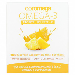 Coromega, Omega-3 + Vit D, тропический апельсин, 30 одноразовых пакетиков, 2,5 г каждый