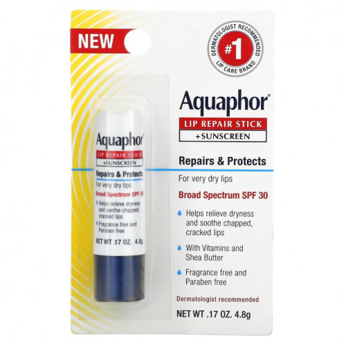 Aquaphor, Стик для восстановления губ + солнцезащитный крем, SPF 30, без отдушек, 4,8 г (0,17 унции)