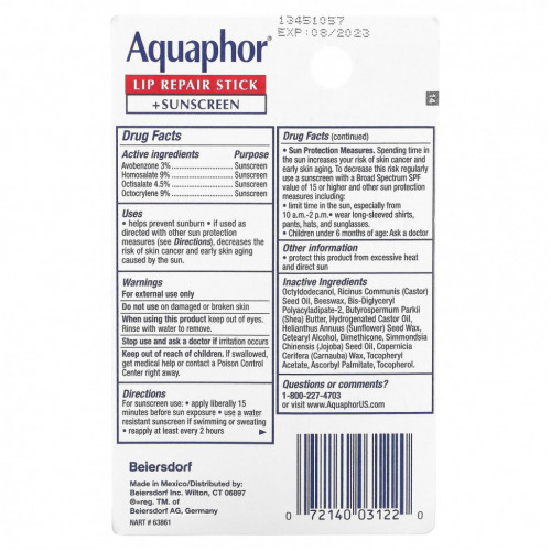 Aquaphor, Стик для восстановления губ + солнцезащитный крем, SPF 30, без отдушек, 4,8 г (0,17 унции)