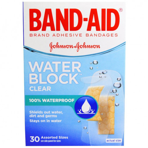 Band Aid, Липкий пластырь, Water Block, прозрачный, 30 размеров в ассортименте