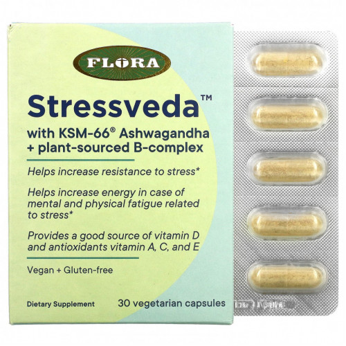 Flora, Stressveda с KSM-66 ашвагандой и комплексом B растительного происхождения, 30 вегетарианских капсул