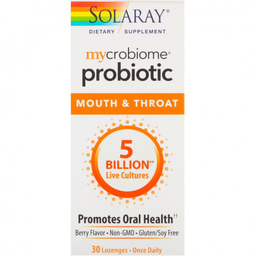 Solaray, Mycrobiome Probiotic, Mouth and Throat, со вкусом ягод, 5 млрд, 30 леденцов