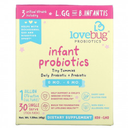 LoveBug Probiotics, пробиотики для младенцев в возрасте 0–6 месяцев, 1 млрд КОЕ, 30 пакетиков в индивидуальной упаковке, по 1,5 г (0,05 унции)