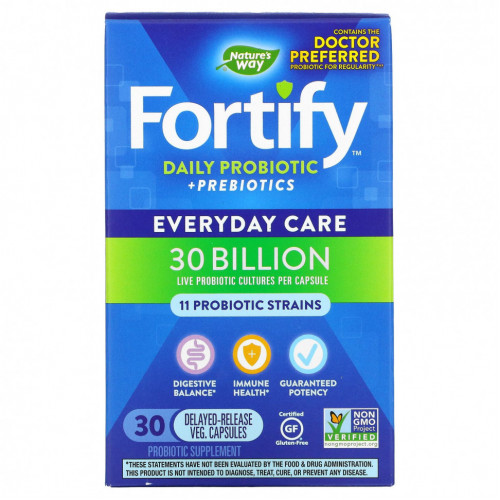 Nature's Way, Fortify, Daily Probiotic + Prebiotics, Everyday Care, 30 Billion CFU, 30 Delayed-Release Veg. Capsules