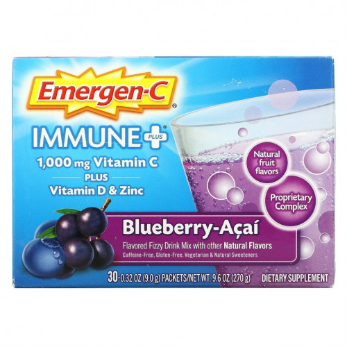 Emergen-C, Immune +, витамин C, витамин D и цинк, голубика и асаи, 1000 мг, 30 пакетиков по 9,0 г (0,32 унции)