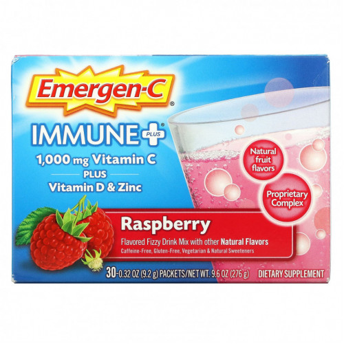 Emergen-C, Immune +, малина, 1000 мг, 30 пакетиков по 9,2 г (0,32 унции)