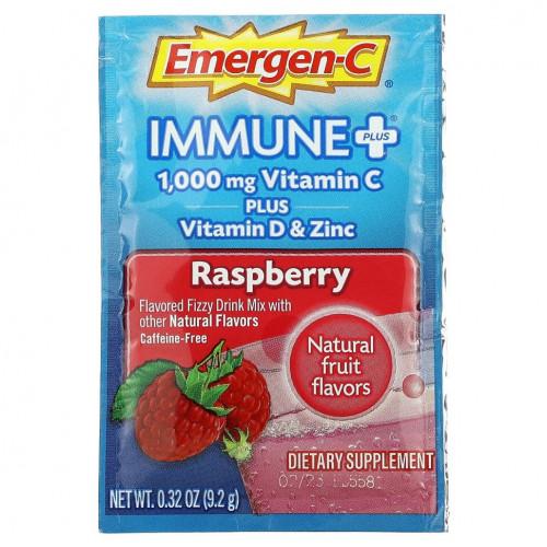 Emergen-C, Immune +, малина, 1000 мг, 30 пакетиков по 9,2 г (0,32 унции)