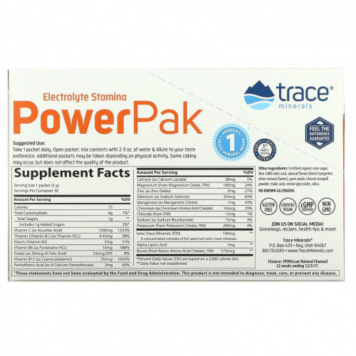 Trace Minerals ®, электролит для повышения выносливости, PowerPak, со вкусом мандарина, 30 пакетиков по 5 г (0,18 унции)