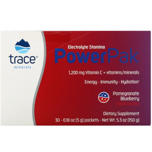 Trace Minerals ®, электролит для повышения выносливости, PowerPak, со вкусом граната и черники, 30 пакетиков по 5 г (0,18 унции)