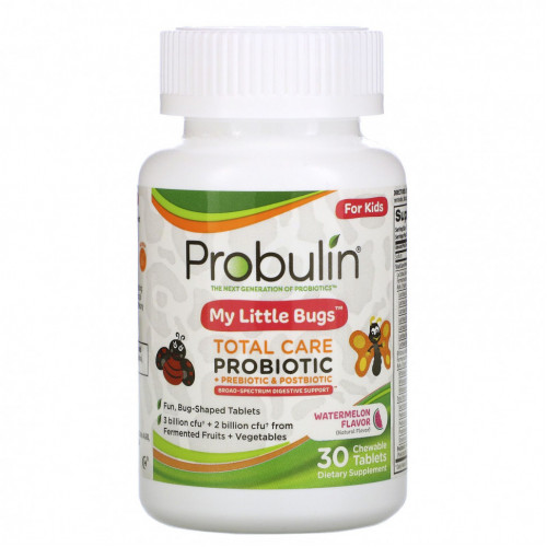 Probulin, для детей, My Little Bugs, пробиотик Total Care + пребиотик и постбиотик, арбуз, 30 жевательных таблеток