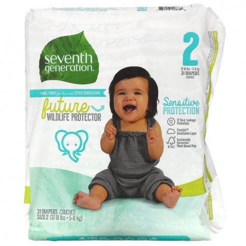 Seventh Generation, Sensitive Protection Diapers, Size 2, 12- 18 lbs, 31 Diapers