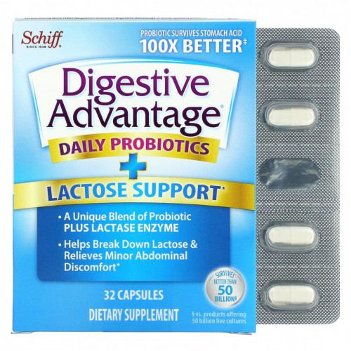 Schiff, Digestive Advantage, пробиотик с лактазой для ежедневного применения, 32 капсулы