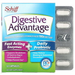 Schiff, Digestive Advantage, быстродействующие ферменты + пробиотик для ежедневного применения, 32 капсулы