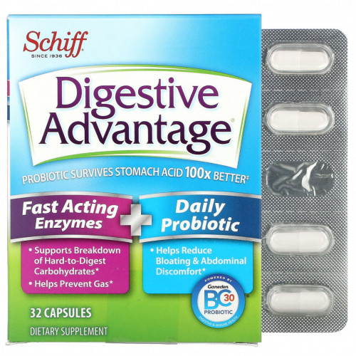 Schiff, Digestive Advantage, быстродействующие ферменты + пробиотик для ежедневного применения, 32 капсулы