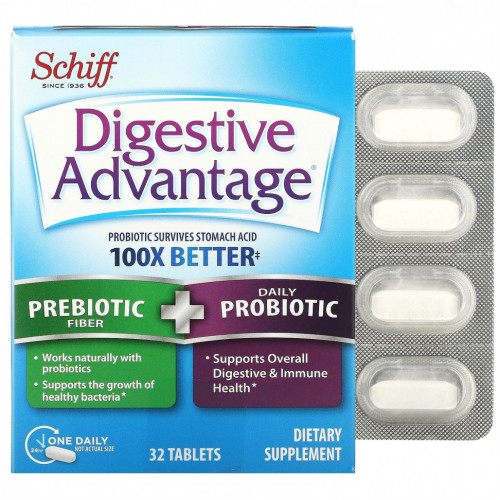 Schiff, Digestive Advantage, пребиотическая клетчатка и ежедневный пробиотик, 32 таблетки