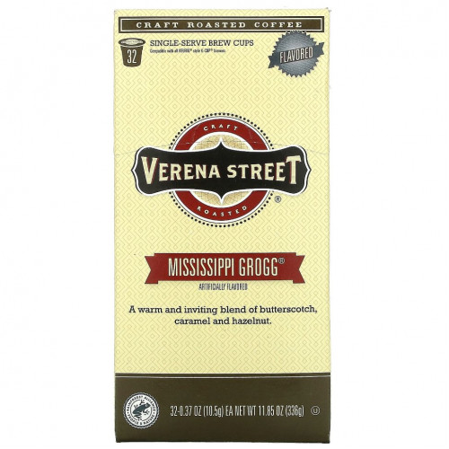 Verena Street, Mississippi Grogg, Ароматизированный, обжаренный кофе, 32 порционные чашки для варки, 0,37 унции (10,5 г) каждая