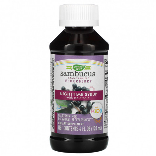 Nature's Way, Sambucus for Kids, стандартизованный сироп для улучшения ночного сна из ягод бузины с мелатонином для детей, 120 мл (4 жидк. унции)