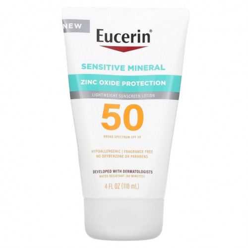 Eucerin, Sensitive Mineral, легкий солнцезащитный лосьон, SPF 50, без отдушек, 118 мл (4 жидк. Унции)