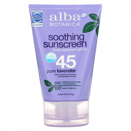 Alba Botanica, успокаивающий солнцезащитный крем, солнцезащитный фактор SPF 45, чистая лаванда, 113 г (4 унции)