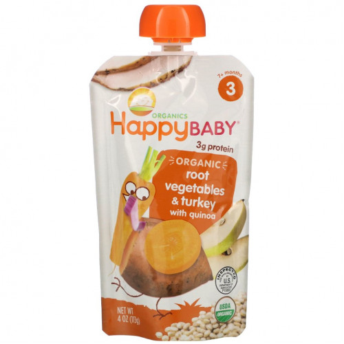 Happy Family Organics, Органическое детское питание, от 7 месяцев, корнеплоды и индейка с киноа, 113 г (4 унции)