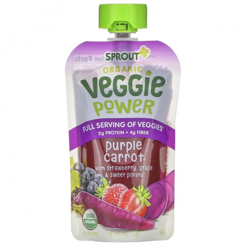 Sprout Organic, Veggie Power, фиолетовая морковь с клубникой, виноградом и бататом, 113 г (4 унции)