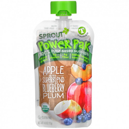 Sprout Organic, Power Pak, для детей от 12 месяцев, яблоко с суперсмесью и голубикой, 113 г (4,0 унции)