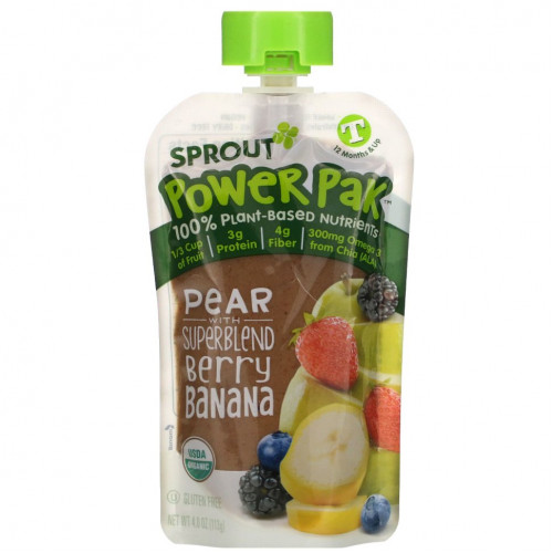 Sprout Organic, Power Pak, от 12 месяцев и старше, груша с суперсмесью ягод и бананов, 113 г (4,0 унции)