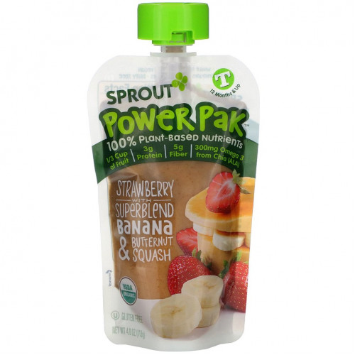 Sprout Organic, Power Pak, от 12 месяцев и старше, клубника с суперсмесью из банана и мускатной тыквы, 113 г (4,0 унции)