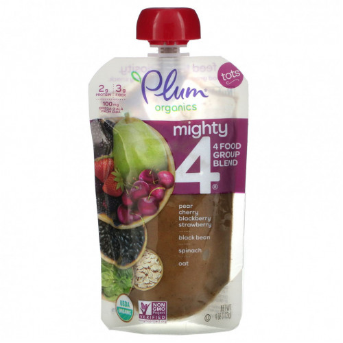 Plum Organics, Mighty 4, смесь 4 Food Group, горох, груша, вишня, ежевика, клубника, черная фасоль, шпинат, овес, 113 г (4 унции)