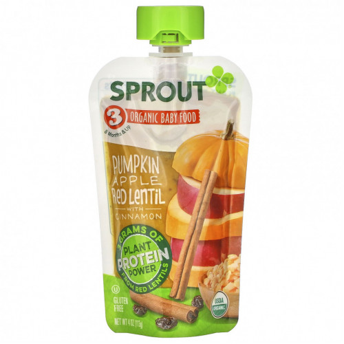 Sprout Organic, Детское питание, от 8 месяцев, тыква, яблоко, красная чечевица с корицей, 113 г (4 унции)