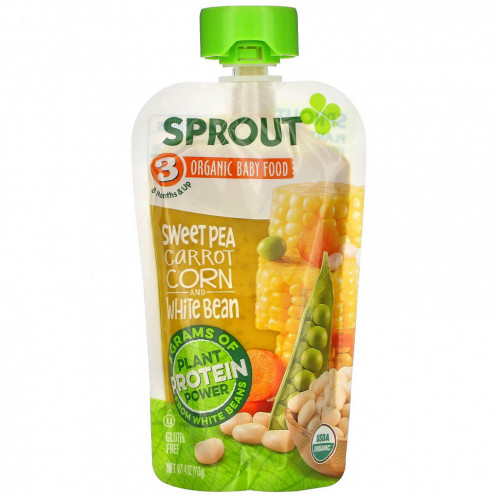 Sprout Organic, Детское питание, от 8 месяцев и старше, душистый горошек, морковь, кукуруза и белая фасоль, 4 унции (113 г)