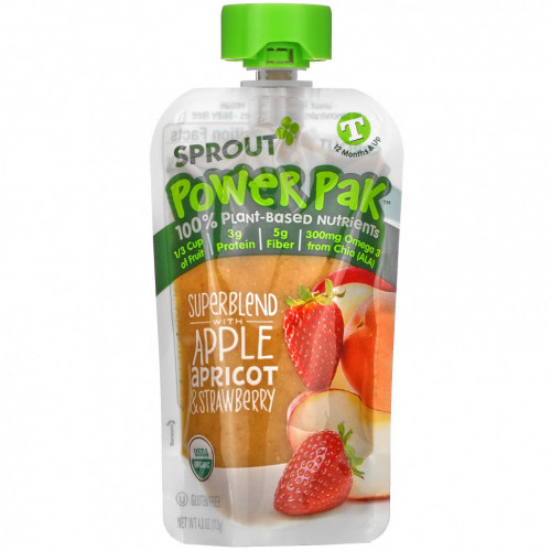 Sprout Organic, Power Pak, от 12 месяцев и старше, суперсмесь с яблочным, абрикосом и клубникой, 113 г (4,0 унции)