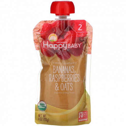 Happy Family Organics, Clearly Crafted, органическое детское питание, этап 2, для детей старше 6 месяцев, банан, малина и овсянка, 113 г (4 унции)