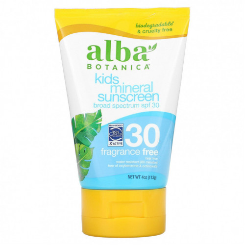 Alba Botanica, минеральный солнцезащитный крем для детей, SPF 30, без отдушек, 113 г (4 унции)