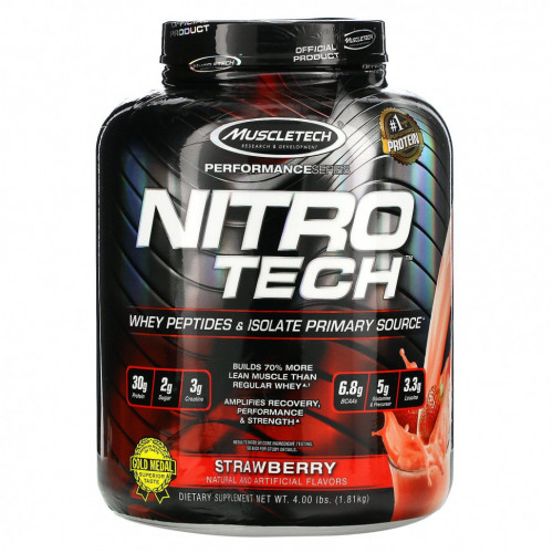 Muscletech, серия Performance, Nitro Tech, основной источник сывороточных пептидов и изолятов, клубничный вкус, 1,81 кг (4 фунта)