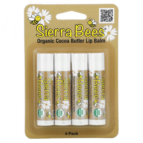 Sierra Bees, Органические бальзамы для губ, какао-масло, 4 штуки в упаковке весом 0,15 унции (4,25 г) каждая