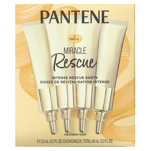 Pantene, Pro-V, Miracle Rescue, интенсивные спасательные уколы, 4 тюбика по 15 мл (0,5 жидк. Унции)