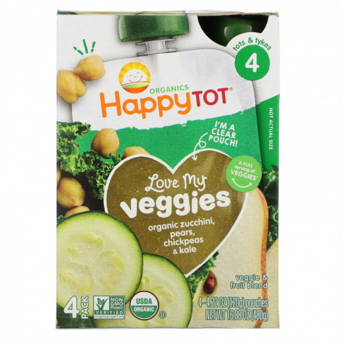 Happy Family Organics, Happy Tot, Stage 4, Love My Veggies, органические цукини, груши, нут и кудрявая капуста, 4 пакетика по 120 г (4,22 унции)