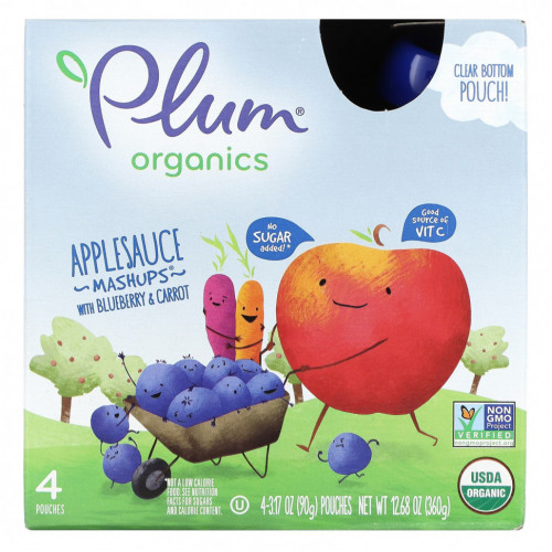 Plum Organics, яблочное пюре с голубикой и морковью, 4 пакетика по 90 г (3,17 унции)