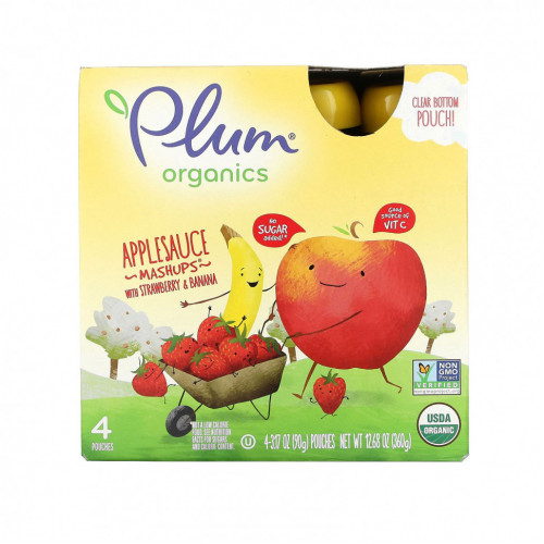 Plum Organics, яблочное пюре с клубникой и бананом, 4 пакетика, по 90 г (3,17 унции) каждый