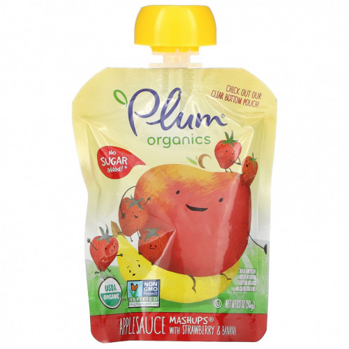 Plum Organics, яблочное пюре с клубникой и бананом, 4 пакетика, по 90 г (3,17 унции) каждый